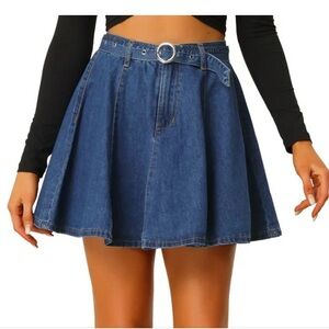Allegra K NWOT L Lightweight Blue Denim FLARE BELTED Mini Skirt